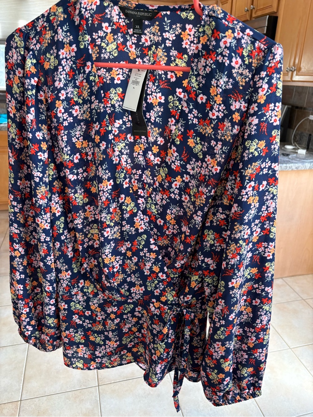Banana Republic Navy Floral Wrap Top with Tie Waist